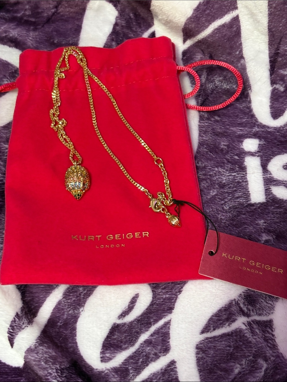 Kurt Geiger Gold EagleHead Chain Necklace with Red Velvet Pouch~NWT